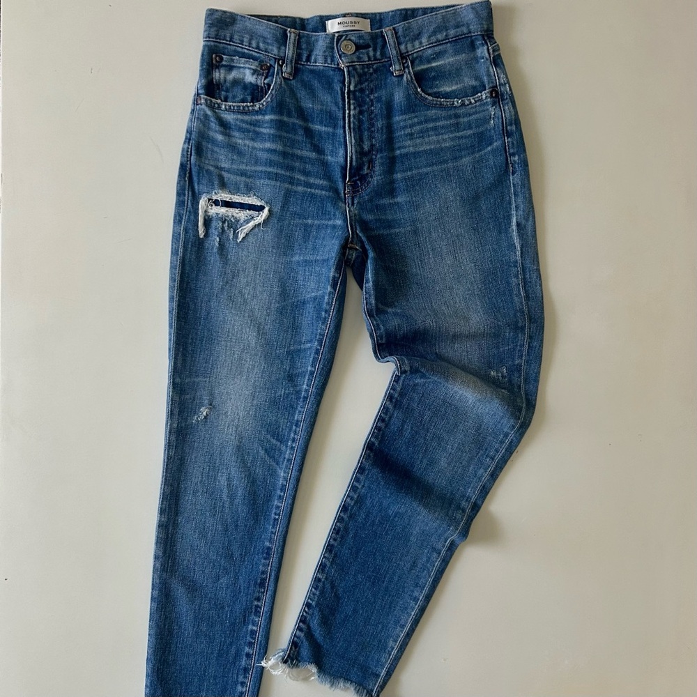 Moussy Vintage Distressed Skinny Jeans Medium Wash Whiskered Fall/Winter 27